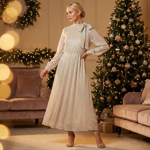 Elegant Champagne Sequin Midi Dress Long Sleeve Premium Style - Picture 2 of 13